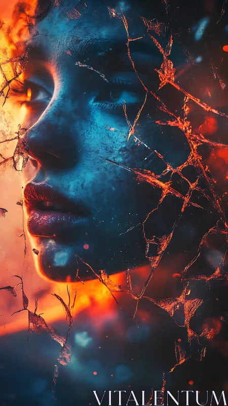 Human face rendered with dual color lighting and cracked overlay