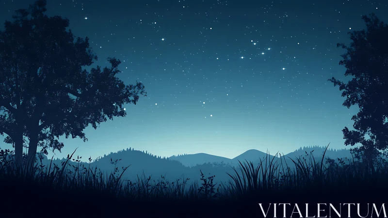 Starlit valley horizon framed by silhouetted forest nightscape.