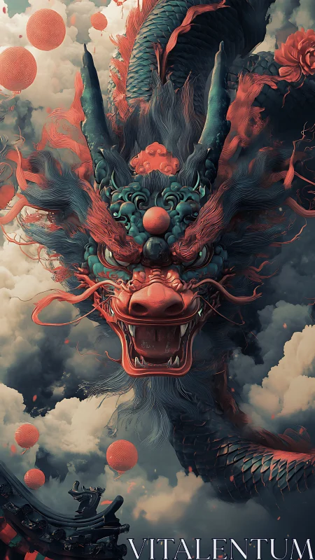 Dragon head emerges from clouds with lanterns and temple roof