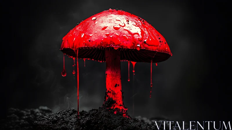 Red mushroom with dripping surface on dark smoky ground.
