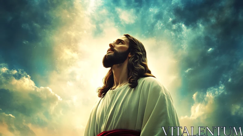 Bearded robed figure gazes upward into radiant sky halo