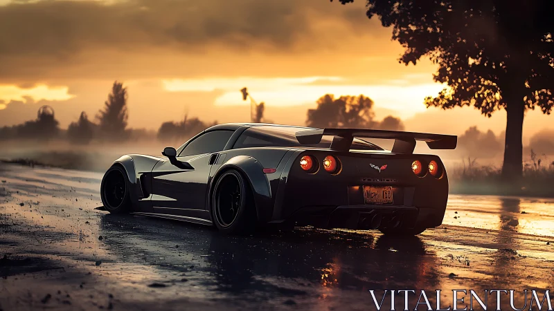 Sleek sports car resting on a glowing sunset roadway.