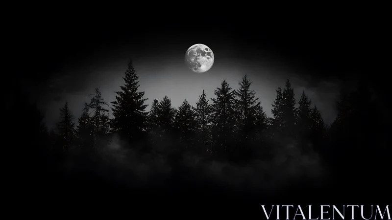 Full moon above dense conifer forest with low ground fog.