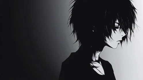 Melancholic anime profile bathed in stark monochrome light.