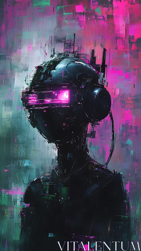 Neon cyber wanderer pauses in a dreamy digital storm of light
