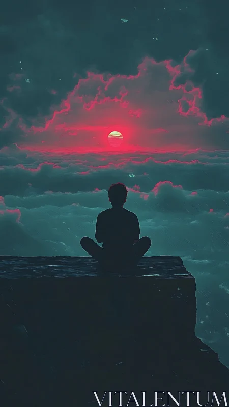 Solitary figure gazes at neon sunset above the clouds.