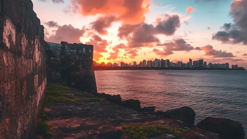 Photorealistic coastal fortress and skyline at cinematic sunset.