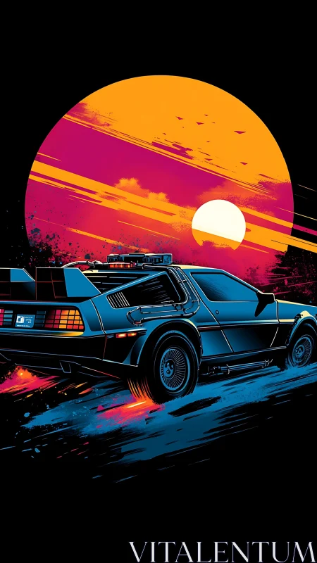 Retro sports car racing under bold neon sunset sky.