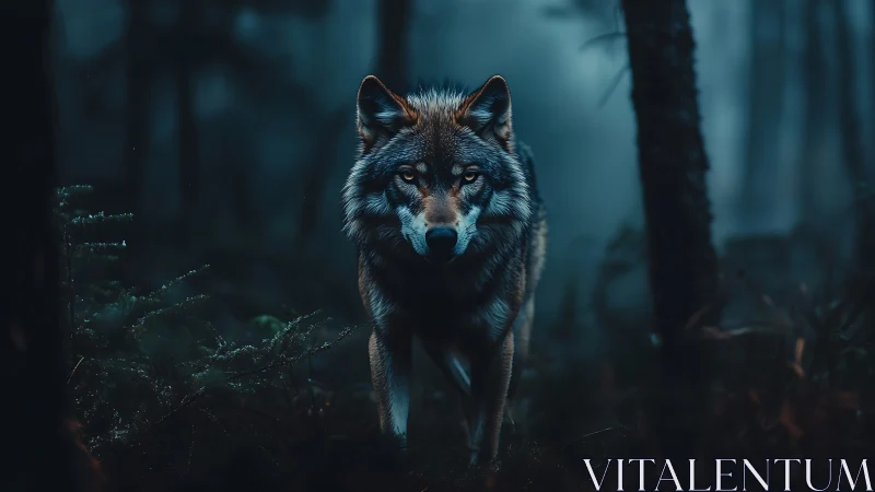 Wolf stands in dim forest under low-key blue-toned lighting