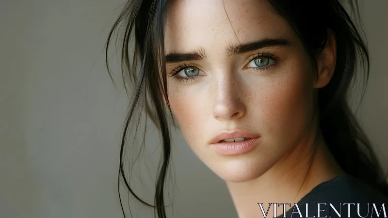 Portrait shows close view of young woman with neutral gaze