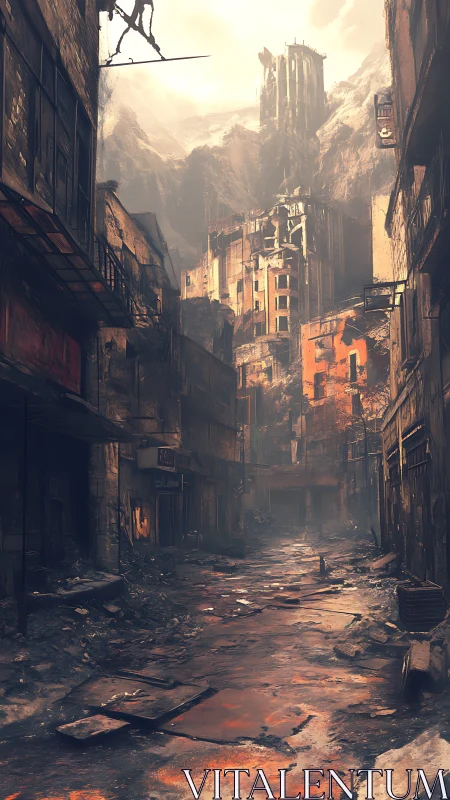 Post-apocalyptic canyon street with eroded highrise ruins