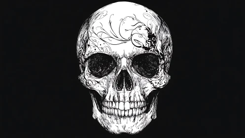 Intricate floral skull drawing glowing from dark silence.