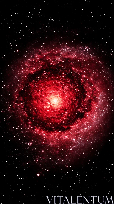 Radiant crimson galaxy blooming softly in the starry dark.