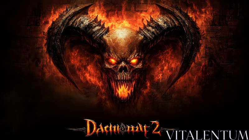 Infernal horned skull roaring from walls of living fire.