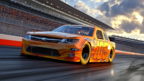 Orange stock car rounds speedway corner under low sun