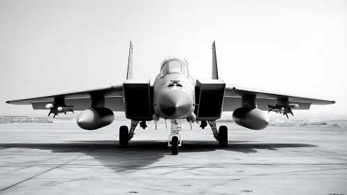 Front view of twin‑engine military jet on runway.
