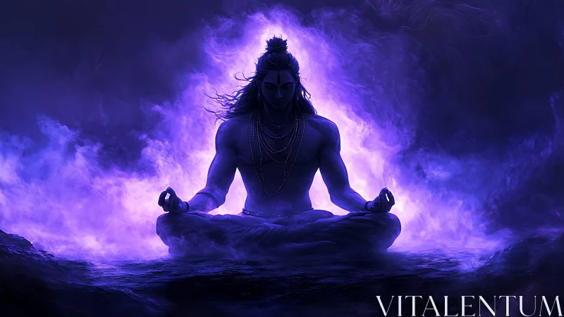 Silhouetted meditating figure within purple energy field.