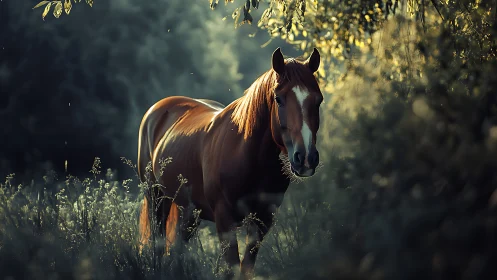 Backlit chestnut horse in volumetric forest edge illumination.