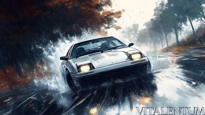 White sports car on wet forest road in heavy rainfall.