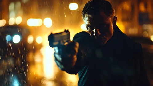 Gunman extends pistol under neon rain in cinematic bokeh.