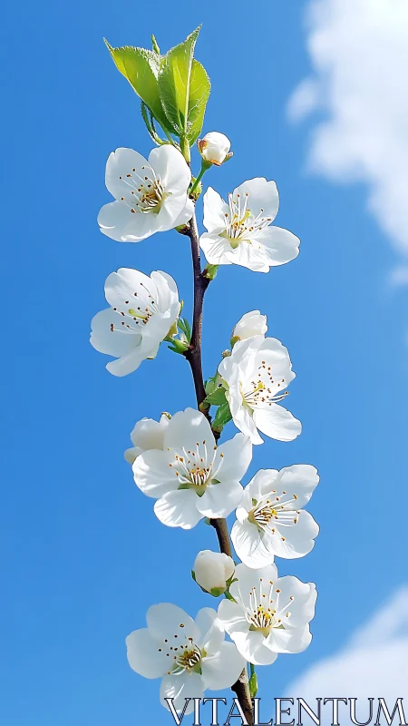 White flowering branch photographed against blue sky.