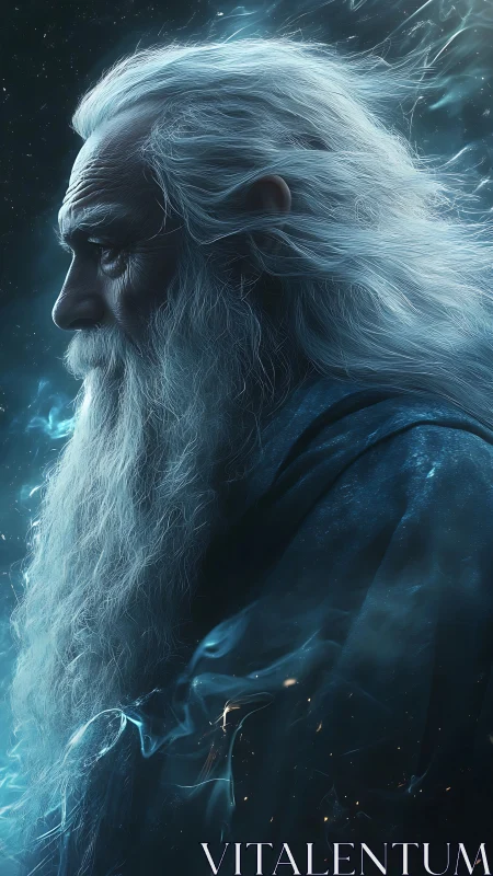 Ancient white-bearded wizard stands in swirling blue starlight