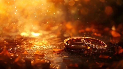 Macro optical study of golden wedding rings in bokeh firestorm.