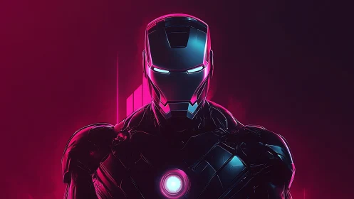 Futuristic armored figure in neon pink and dark lighting.
