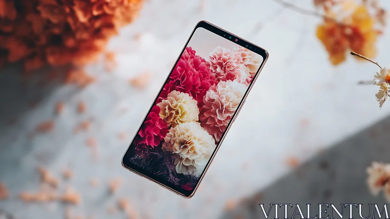 Smartphone displaying vibrant floral arrangement with shallow depth.
