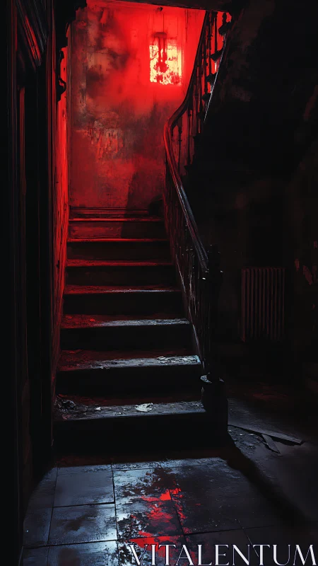 Decayed staircase ascends into saturated red atmospheric glow