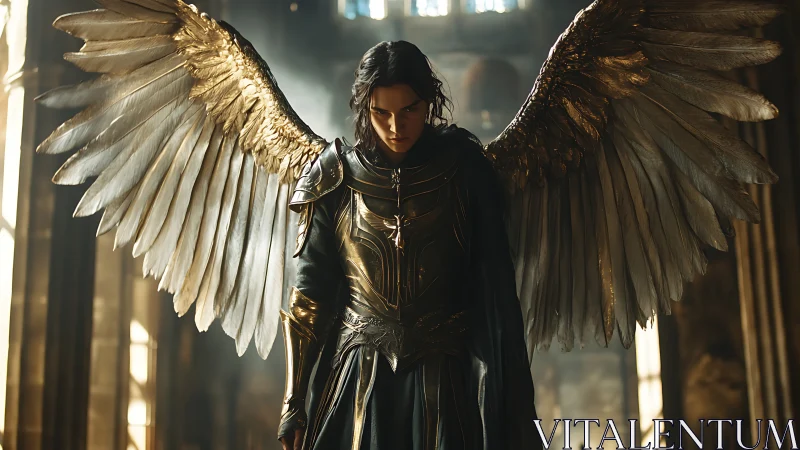 Armored angel descends in a cathedral of light and shadow