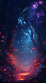 Glowing red forest trail under deep blue enchanted canopy.