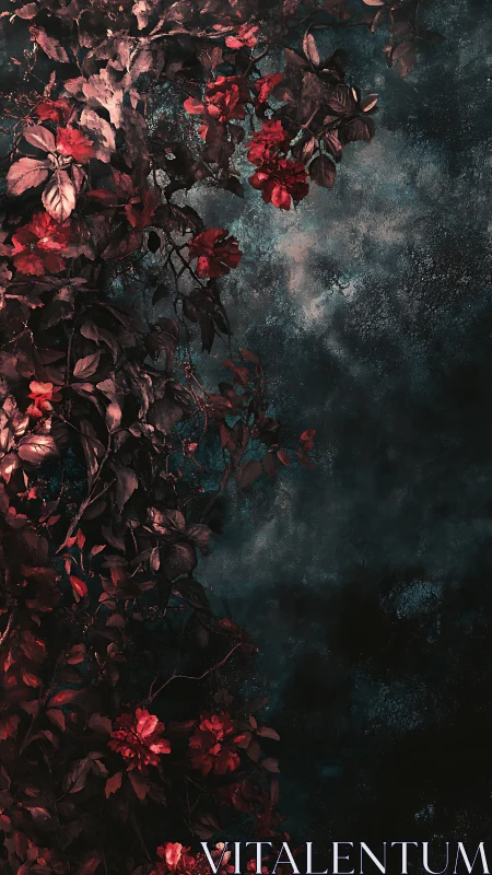 Deep Crimson Blooms Against Weathered Teal Grunge Surface