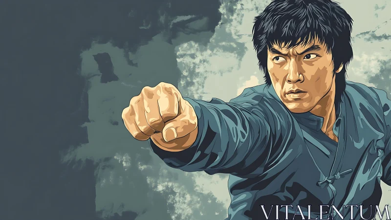 Martial artist in extended punch pose on abstract ground.