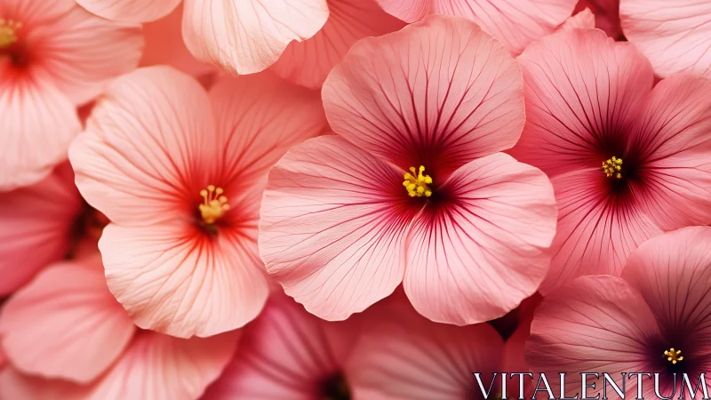 Pink hibiscus flowers bloom with radiant yellow centers.