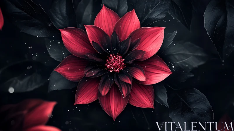 Red Lotus Blooming in Darkness with Magical Sparkles.