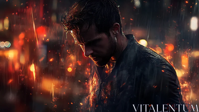 Brooding man in rain with glowing ember city lights.