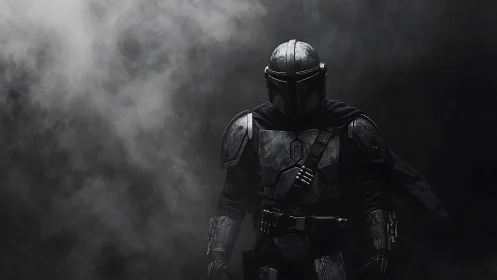 Armored sci fi warrior standing in smoke and shadow.