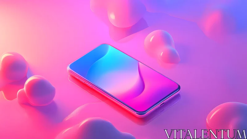 Modern smartphone on glossy surface with vibrant neon lighting.