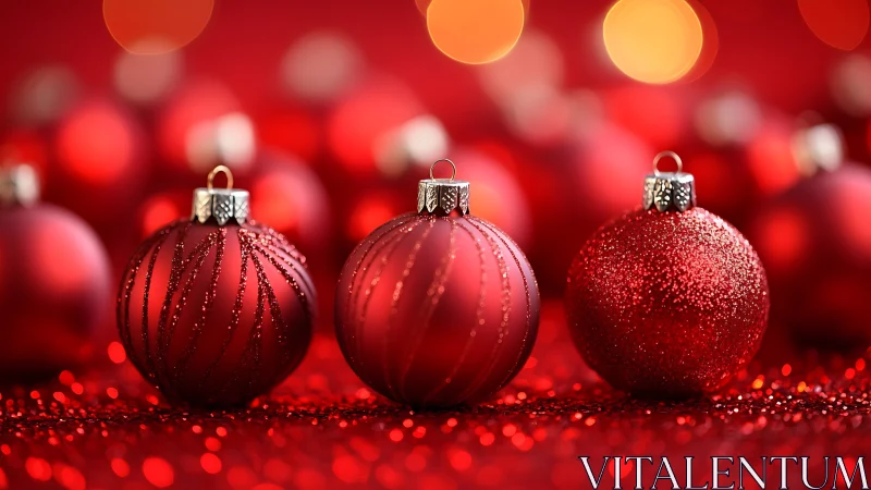 Gleaming red Christmas baubles amid glowing bokeh lights.