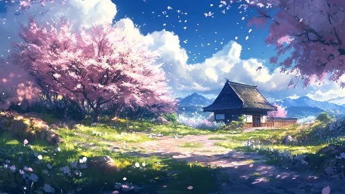 Spring daydream under cherry blossoms by a quiet cottage.