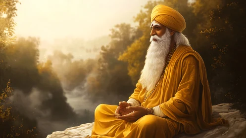 Elderly sage in saffron robes meditates beside misty river valley