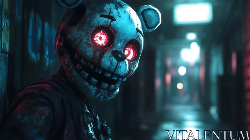 Animatronic bear with glowing optics stalks neon alley at night