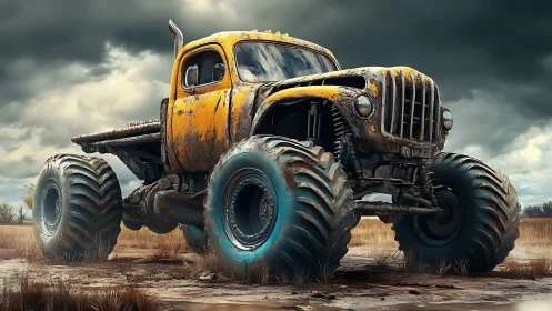 Rustic yellow monster truck on muddy wasteland under storm.