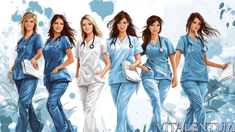 Confident Female Medical Professionals in Scrubs, Digital Art Style.