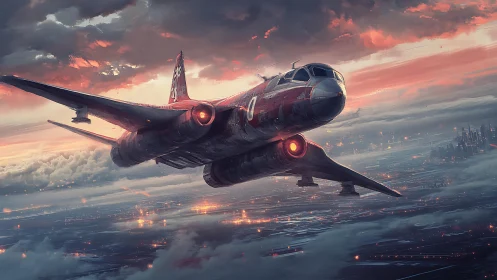 Storm-red bomber glides over emberlit cyberpunk cityscape.