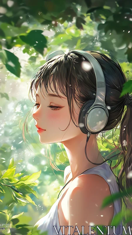 Side-profile anime girl with headphones in diffuse forest backlight