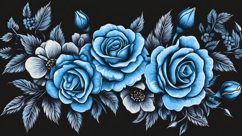 Blue roses and leaves form a stylized horizontal bouquet
