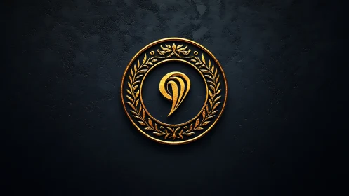 Golden laurel emblem with elegant curled symbol at center.