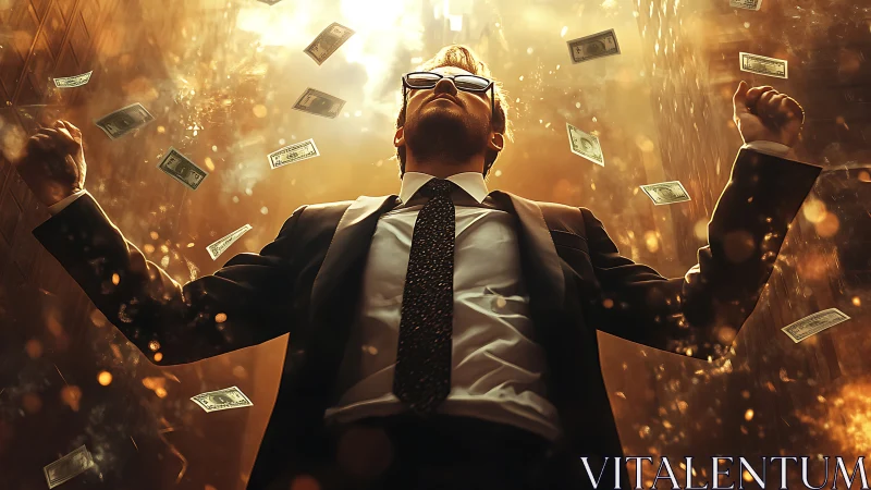 Businessman stands under falling money with triumphant pose